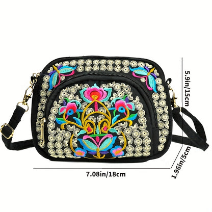 Vibrant Floral Embroidered Crossbody Bag for Women - Lightweight, Double-Sided Design with Detachable Strap, Zipper Closure, and Phone Pocket - Perfect for Casual Outings, Travel Accessory | Vibrant Pattern Bag | Coin Purse NovaCart
