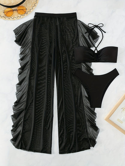 Pure Black Sexy Semi-Sheer Fashion Ruched Crisscross Strap Mesh Panty Bikini Set for Women NovaCart