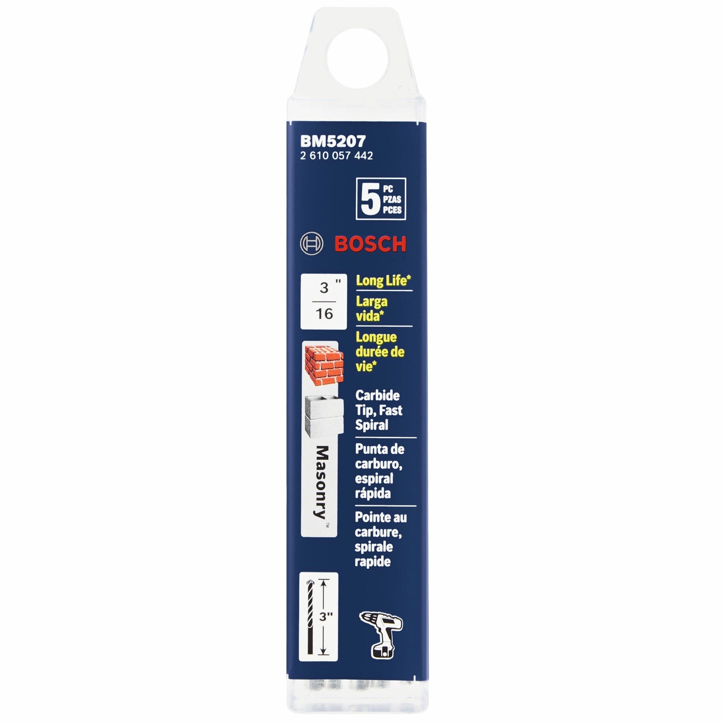 BOSCH BM5207 5 pc. 3/16 In. X 2 In. X 3 In. Fast Spiral Rotary Masonry Drill Bits VM Hardware