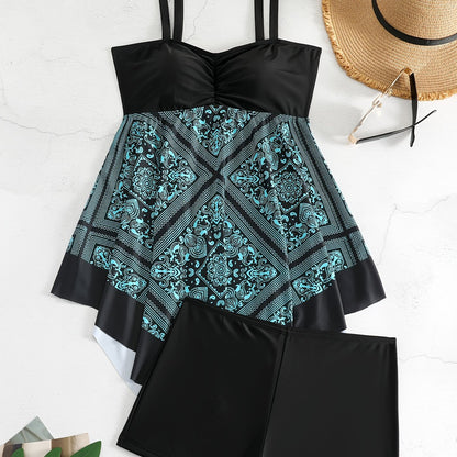 Plus Size Women's Printed Two-Piece Skirt Swimsuit, Sexy Printed Swimwear, Plus Size Style NovaCart