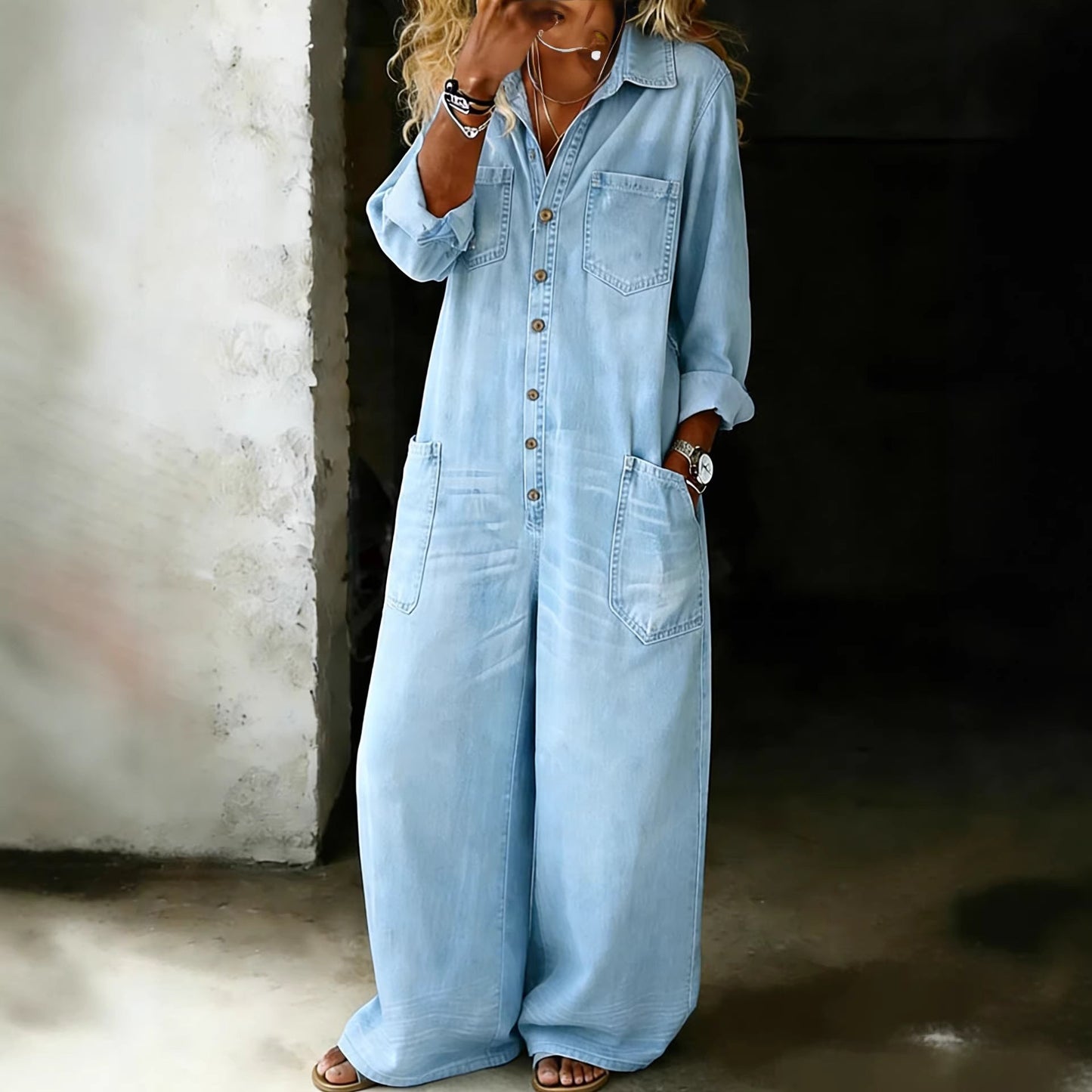 Women's Vintage Washed Wide-Leg Jumpsuit with Pockets FitiqueFit