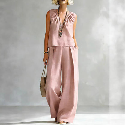 Women's Sleeveless Cotton-Linen Shirt & Pants Set – Urban 2-Piece FitiqueFit