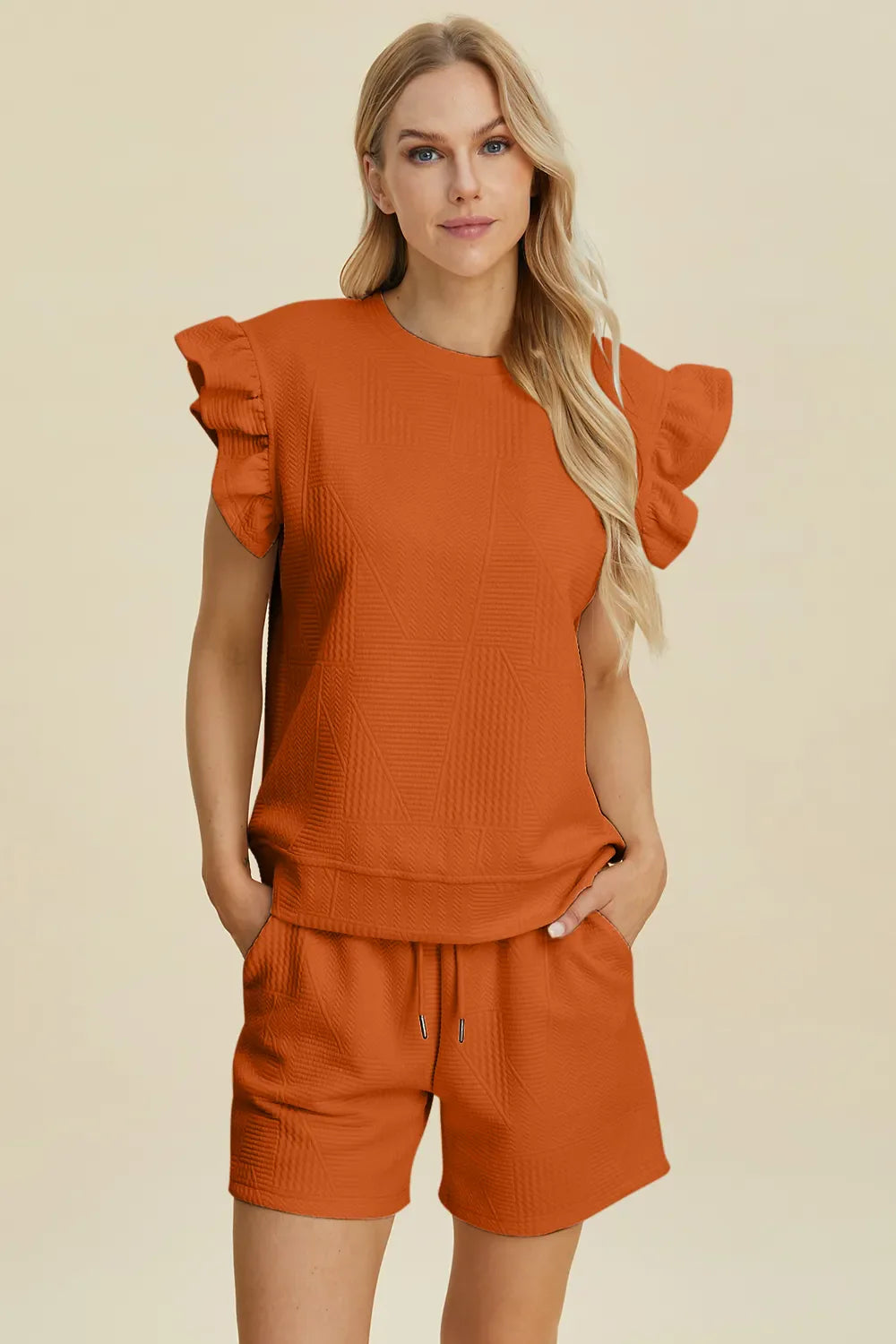 Double Take Full Size Texture Round Neck Ruffle Sleeve Top and Shorts Set West2East Surf