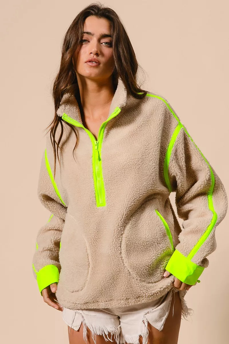 BiBi Contrast Edge Half Zip Up Sherpa Jacket FitiqueFit