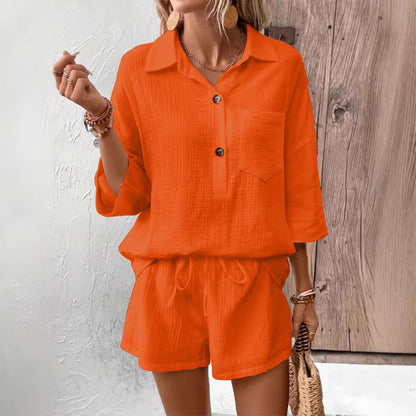Women's Lapel Collar Double-Panel Shirt & Shorts Two-Piece Set FitiqueFit