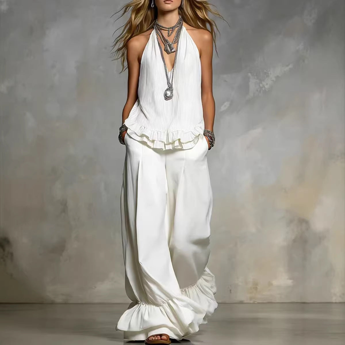 Women's V-Neck Ruffle-Trim Puff-Sleeve Two-Piece Set FitiqueFit