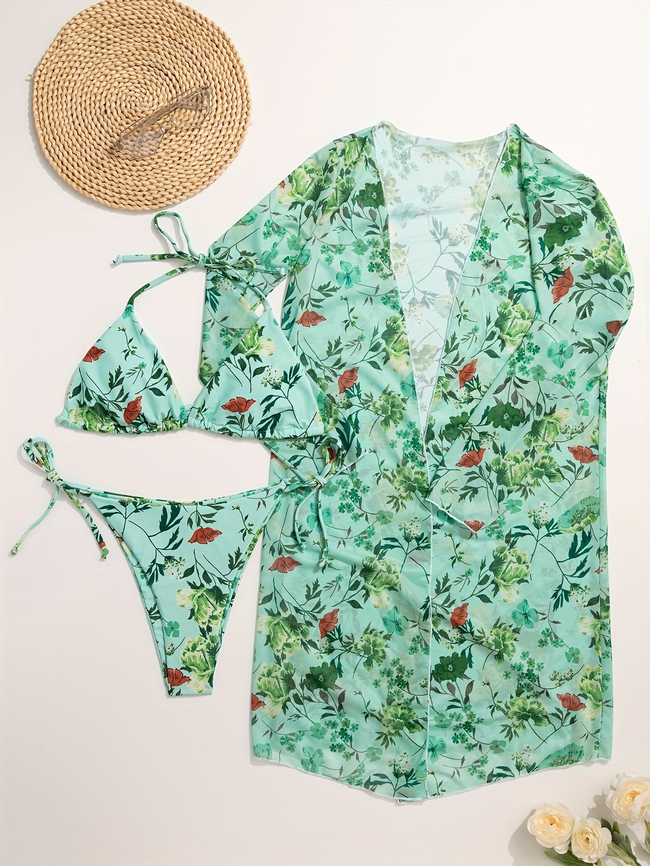 Bikini European Style Floral Print 3 Piece Swimsuit Set for Women – Sexy V Neck Bikini with Cross Strap Detail and Matching Long Sleeve Cover-Up – High Stretch Trendy Swimwear for Summer Beach Vacations Resort Looks and Poolside Fashion Stevvex