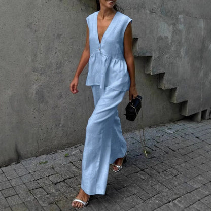 Women’s Cotton V-Neck Sleeveless Vest and Wide-Leg Pants Set FitiqueFit