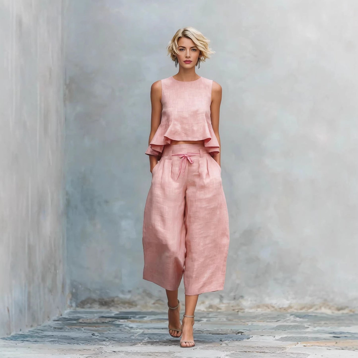 Women’s Linen-Blend Sleeveless Two Piece Set with Ruffled Detailing FitiqueFit