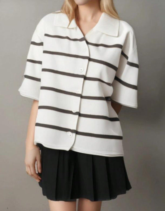 Women’s Knit Button Cardigan with Striped Short Sleeves FitiqueFit