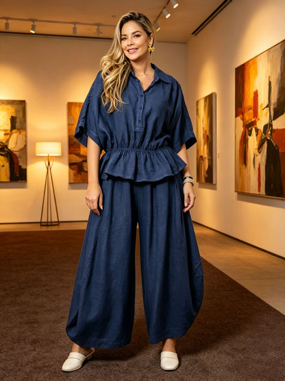 Women's Plus Size Belted Shirt & Wide-Leg Pants Two-Piece Set FitiqueFit