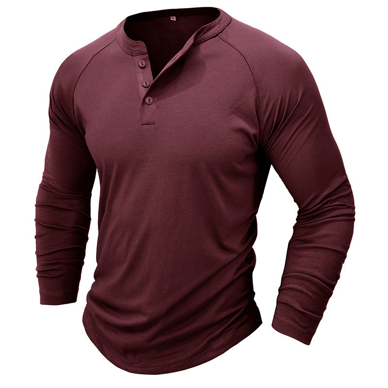 Mens Round Neck Henry Solid Color Long Sleeve T shirt FitiqueFit