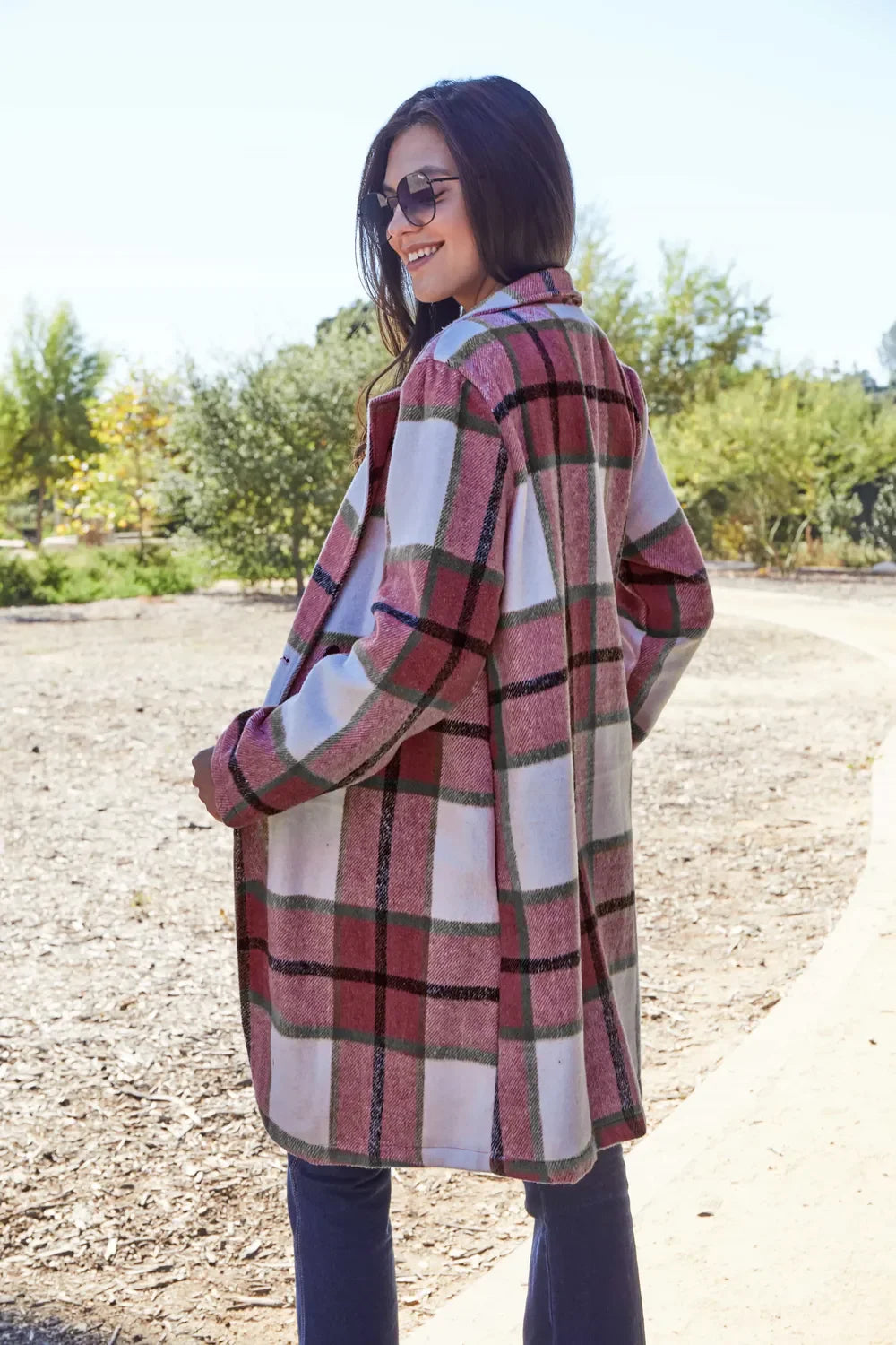 Double Take Full Size Plaid Button Up Lapel Collar Coat West2East Surf