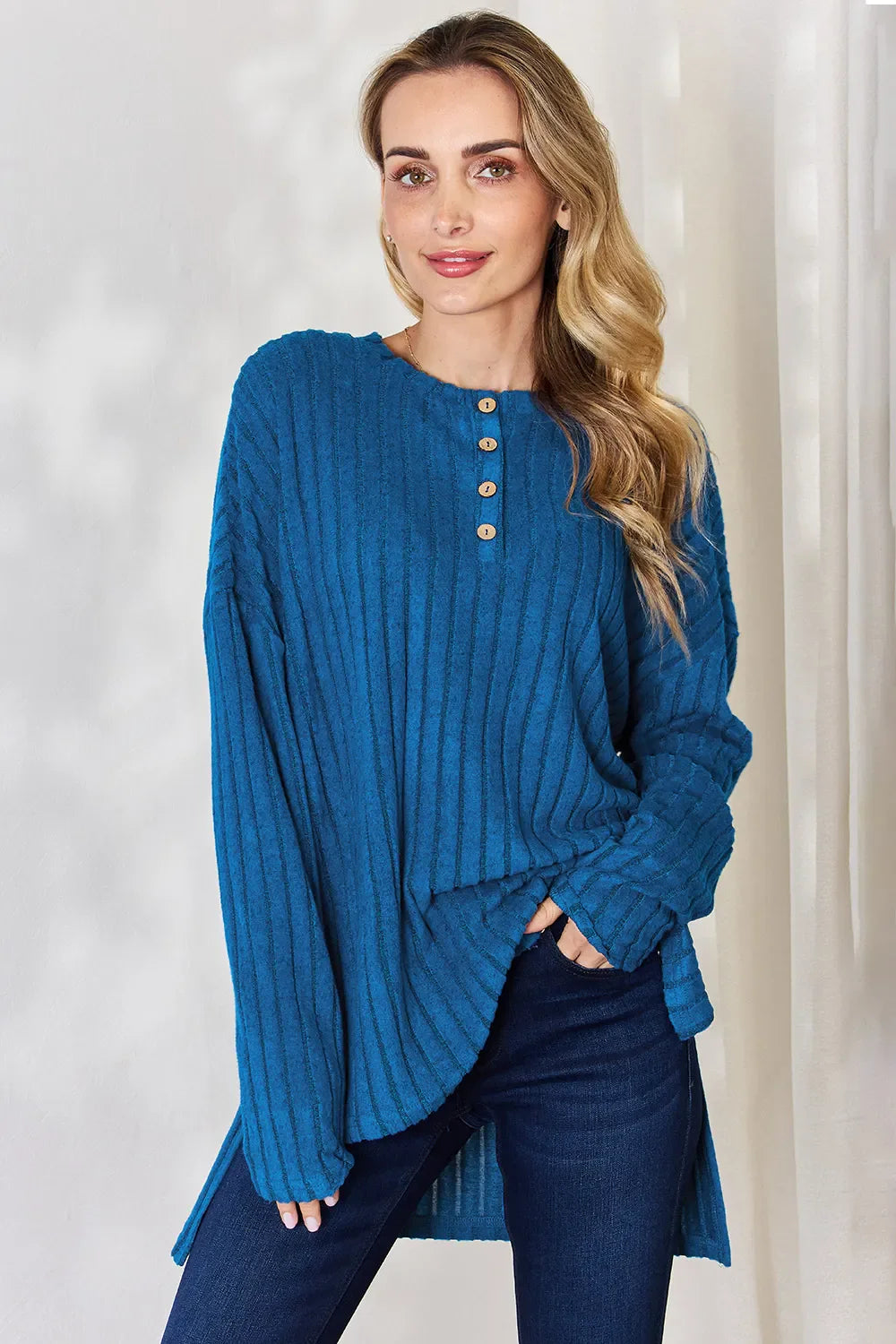 Basic Bae Full Size Ribbed Half Button Long Sleeve High-Low T-Shirt New Era Fashion LLc