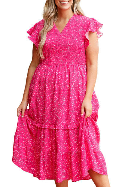 Rose Polka Dot Print Ruffled Smocked High Waist Plus Midi Dress Garden Naked Curves