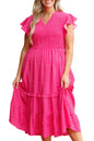 Rose Polka Dot Print Ruffled Smocked High Waist Plus Midi Dress Garden Naked Curves