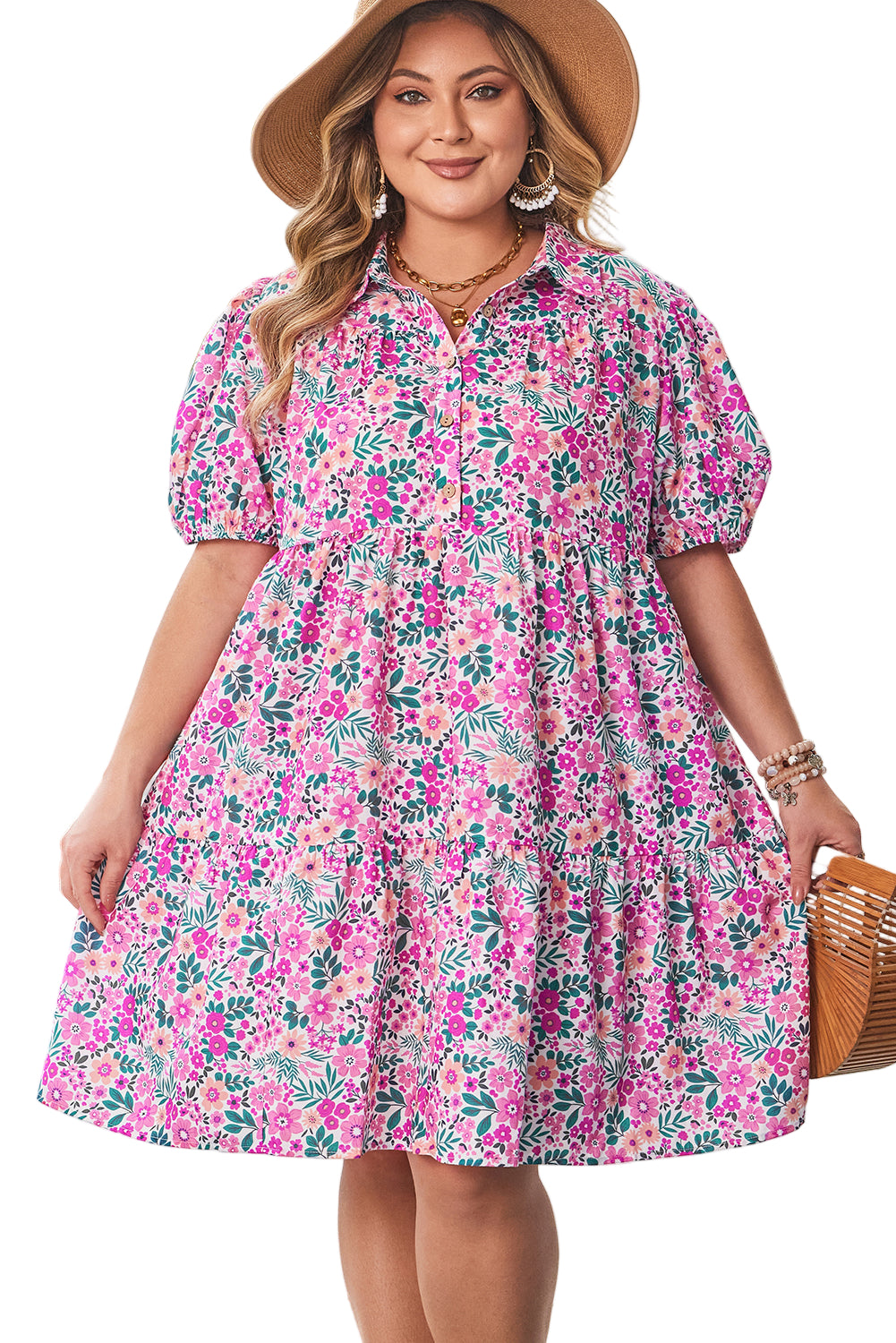 Pink Plus Size Floral Half Button Short Puff Sleeve A-line Dress Garden Naked Curves