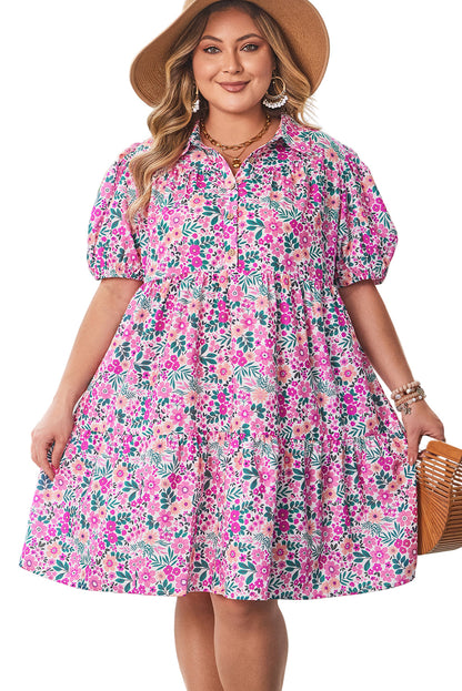 Pink Plus Size Floral Half Button Short Puff Sleeve A-line Dress Garden Naked Curves