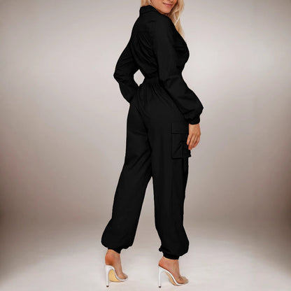 Flip Pocket Elastic Waist-tightening Zipper Jumpsuit Grayceful LLC