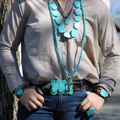 Blue Turquoise Slab on Dusty Leather Cuff Shop Style & More | Fresh Looks, Everyday Deals & Free Shipping