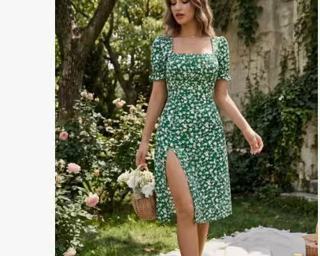 French Style Square Neck Floral Dress | Puff Sleeve A-Line FitiqueFit