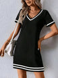 Women's Contrast-Color V-Neck A-Line Dress – Short Sleeve, Elegant, Mid-Rise FitiqueFit