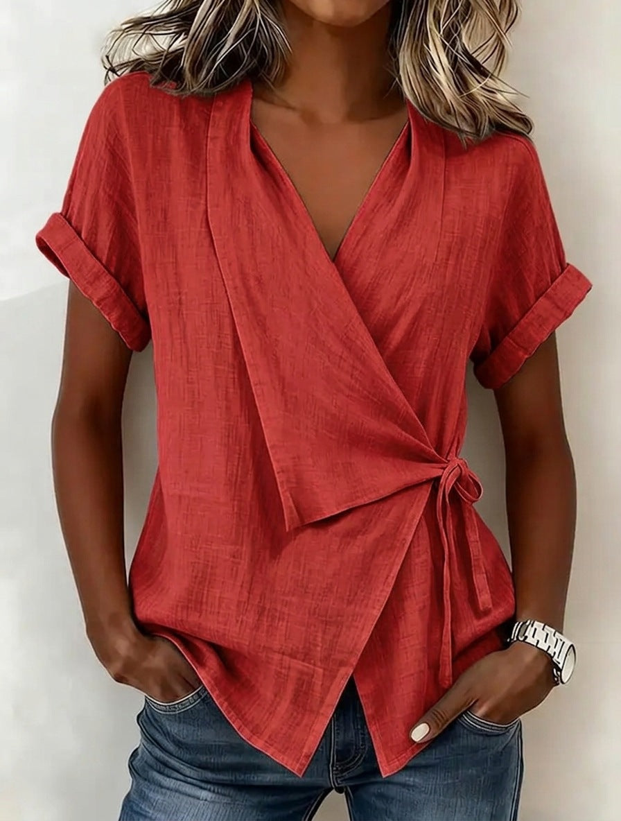 Women's Casual Lapel Collar Lace-Up Short-Sleeve Linen Top FitiqueFit