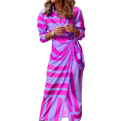 European And American Style Cardigan Lace-up Striped Printed Dress Grayceful LLC