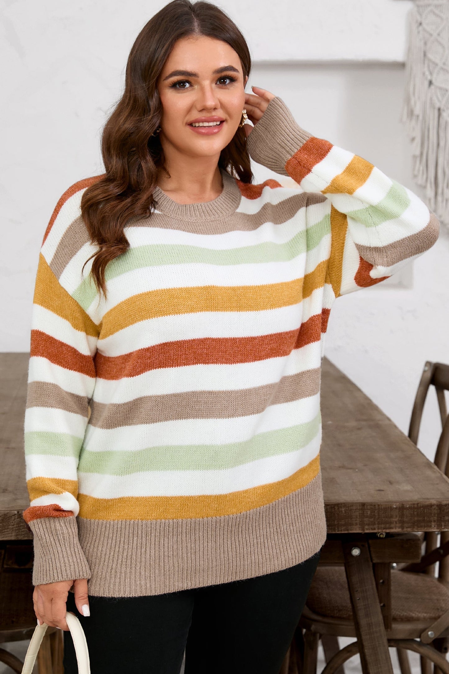 Multicolour Striped Colorblock Drop Shoulder Plus Size Sweater Garden Naked Curves
