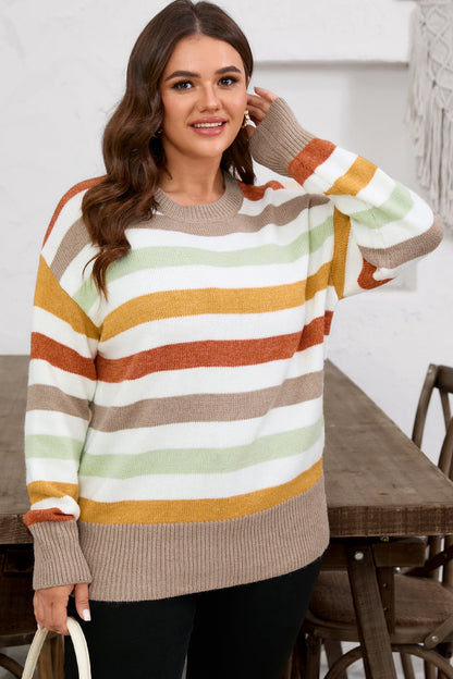 Multicolour Striped Colorblock Drop Shoulder Plus Size Sweater Garden Naked Curves