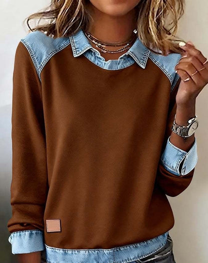 Denim Collar Patchwork Pullover Knitwear Top – Women’s Street Style FitiqueFit