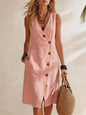 Women's Resort V-Neck Sleeveless Asymmetrical-Button Midi Dress FitiqueFit