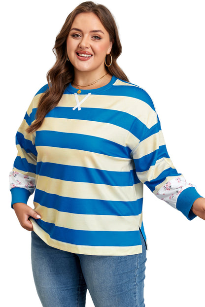 Blue Stripe Floral Color Block Drop Shoulder Plus Size Pullover Top Garden Naked Curves