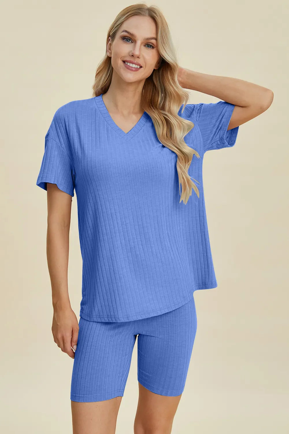 Basic Bae Full Size Ribbed V-Neck Short Sleeve Top and Shorts Set New Era Fashion LLc