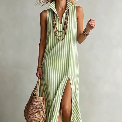 Striped Stand Collar Side-Slit Sleeveless Maxi Dress – A-Line Cami FitiqueFit