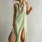 Striped Stand Collar Side-Slit Sleeveless Maxi Dress – A-Line Cami FitiqueFit