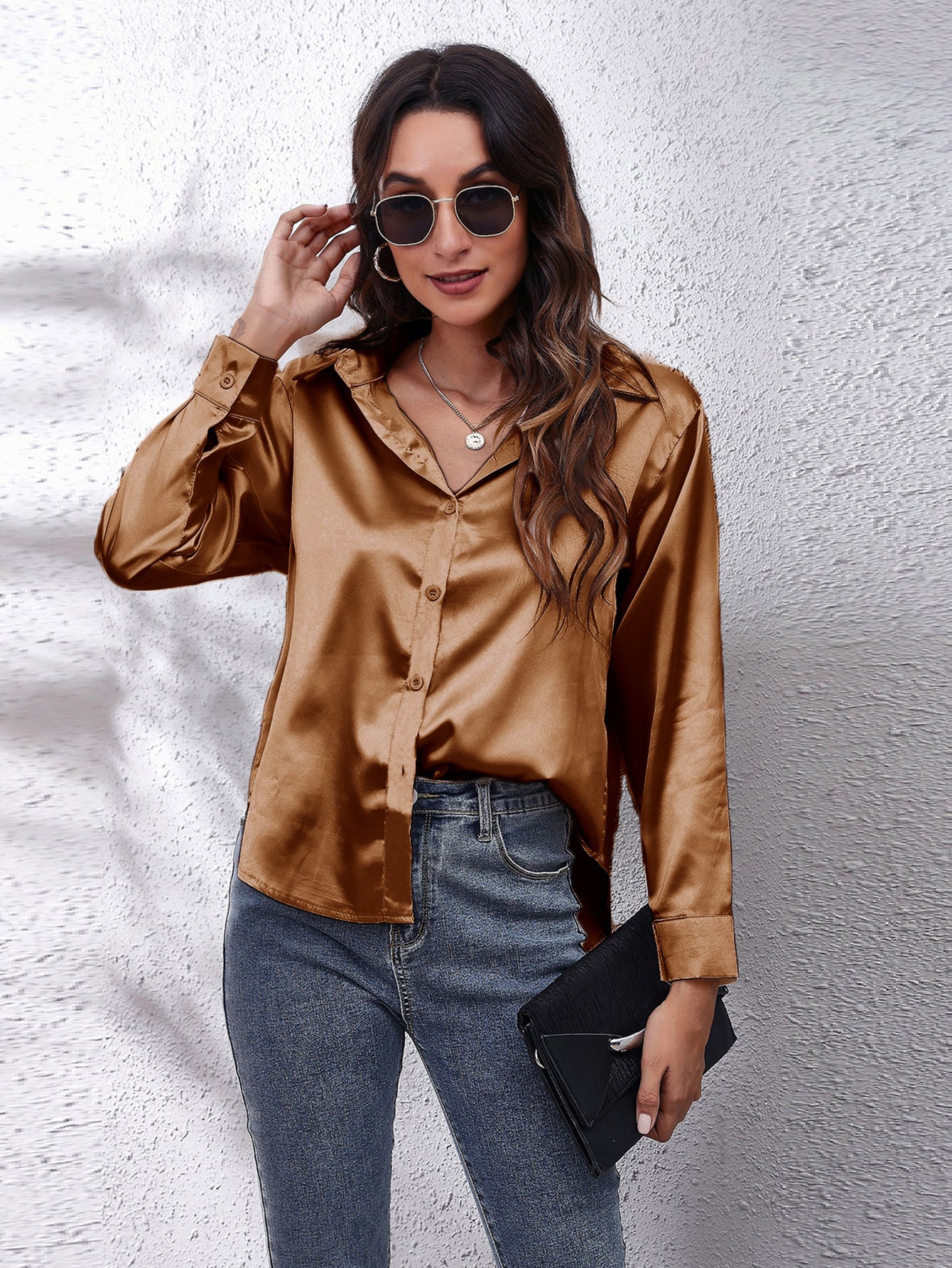 Hot Style In-Kind Shooting Satin Shirt Women'S Satin Imitation Long-Sleeved Shirt New European And American Cross-Border Women'S Clothing NovaCart