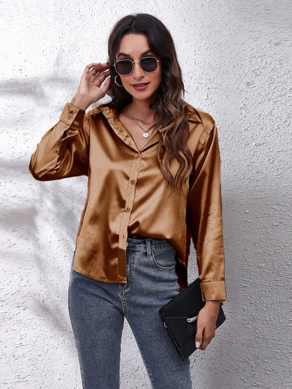 Hot Style In-Kind Shooting Satin Shirt Women'S Satin Imitation Long-Sleeved Shirt New European And American Cross-Border Women'S Clothing NovaCart