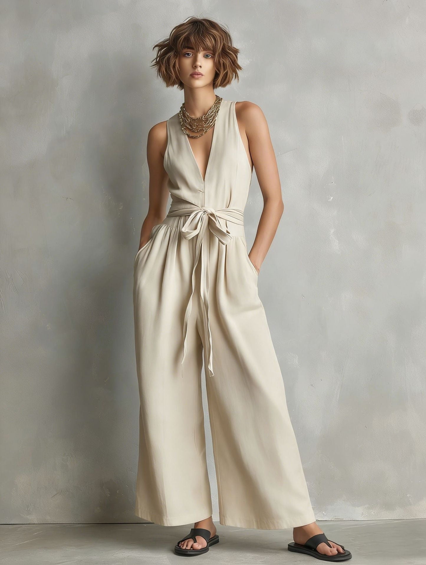 Women's Elegant V-Neck Sleeveless Commuter Jumpsuit FitiqueFit