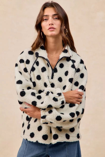 BiBi Polka Dot Sherpa Half Zip Up Top with Side Pocket FitiqueFit
