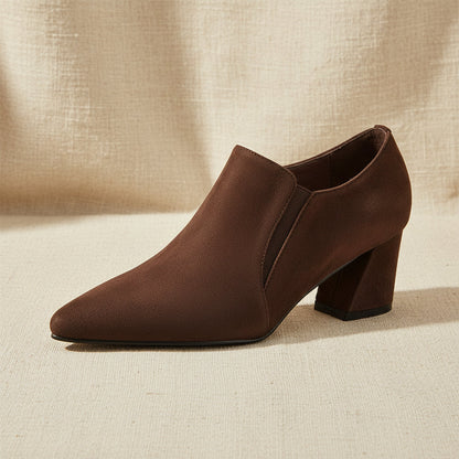 Women's Suede Pointed Toe Chunky Heel Pumps – Deep Vamp Low Heel FitiqueFit