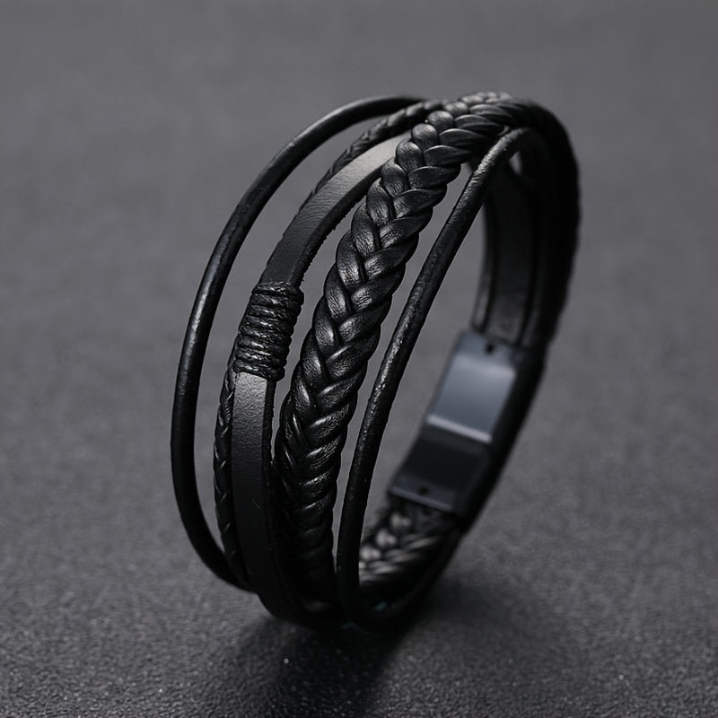 [Stylish Leather Bracelet] Stylish Durable 1pc Men's Hand-Woven Multi-Layer Leather Bracelet | with Buckle Closure, Versatile Accessory for Casual or Formal Wear NovaCart