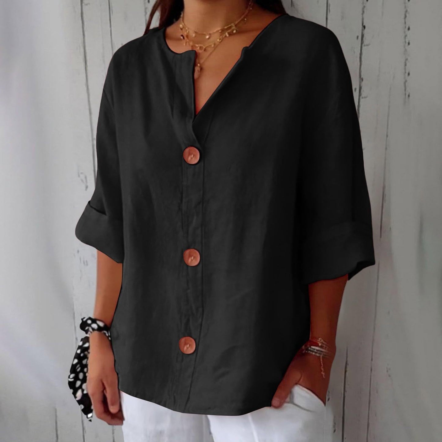 Women's V-Neck Cotton Linen Buttoned Blouse FitiqueFit