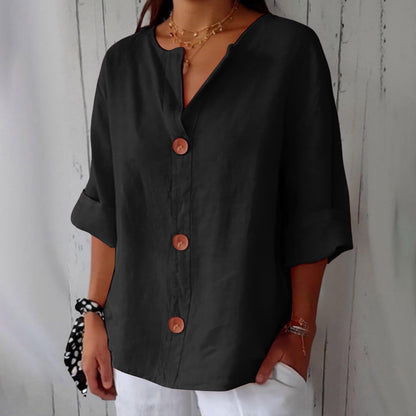 Women's V-Neck Cotton Linen Buttoned Blouse FitiqueFit