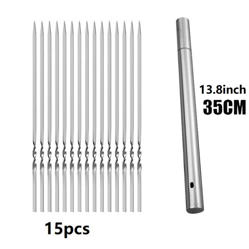 15pcs of Stainless Steel Skewers And 1 Storage Tube for Barbecuing; Reusable Grill Skewers for Shish Kebab And Camping Flat Forks Gadgets NovaCart