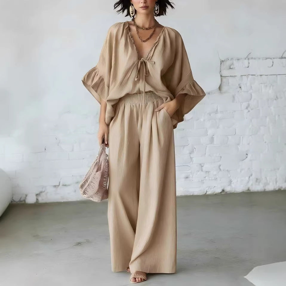 Women's Loose-Fit V-Neck Top & Wide-Leg Pants Two-Piece Set FitiqueFit
