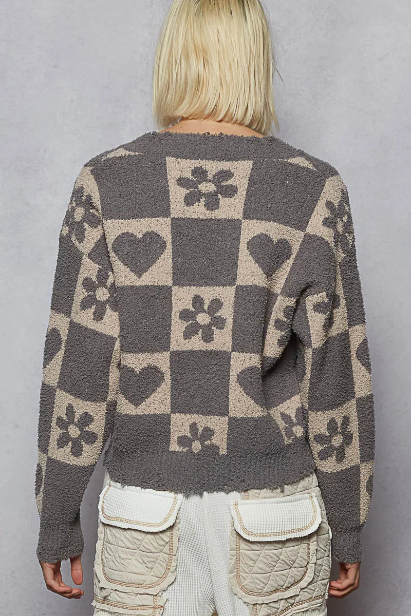 POL V-Neck Heart Pattern Checkered Sweater West2East Surf