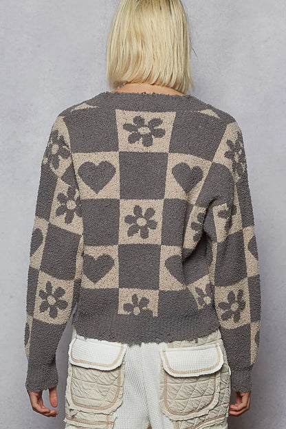 POL V-Neck Heart Pattern Checkered Sweater West2East Surf
