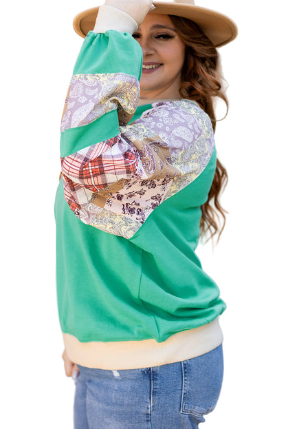 Sky Blue Plus Size Plaid Floral Patchwork Raglan Sleeve Sweatshirt Garden Naked Curves