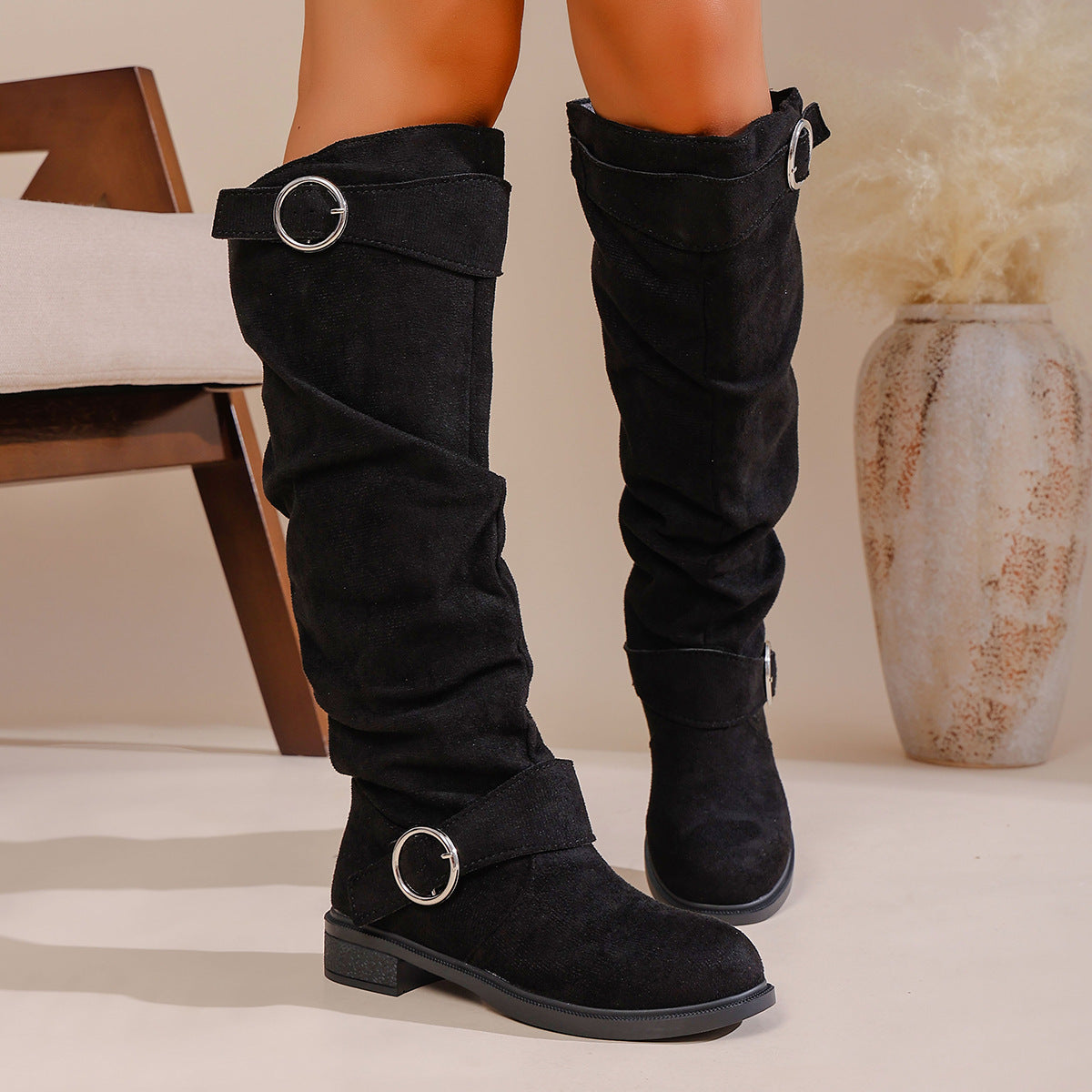 Pleated Flat-Bottom Western Cowboy Boots with Belt Buckle FitiqueFit